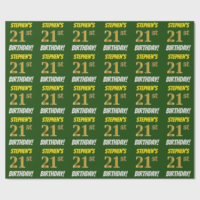 Green, Faux/Imitation Gold, "21st BIRTHDAY" Wrapping Paper (Flat)