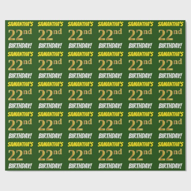 Green, Faux/Imitation Gold, "22nd BIRTHDAY" Wrapping Paper (Flat)