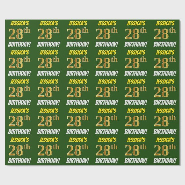 Green, Faux/Imitation Gold, "28th BIRTHDAY" Wrapping Paper (Flat)