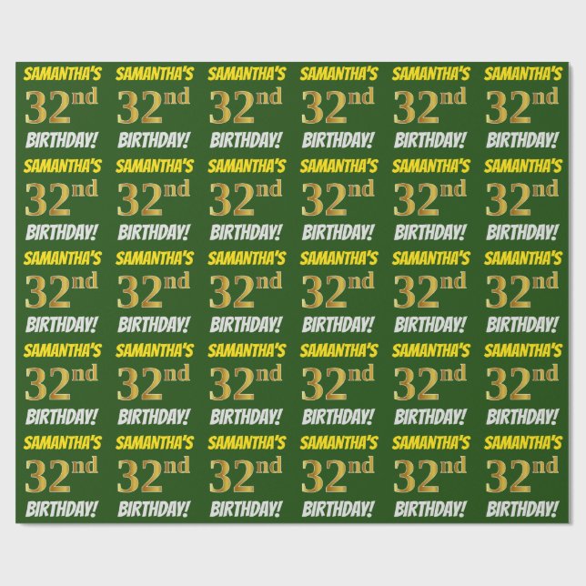 Green, Faux/Imitation Gold, "32nd BIRTHDAY" Wrapping Paper (Flat)