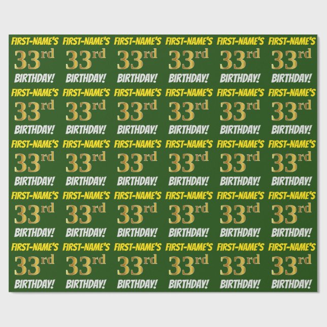 Green, Faux/Imitation Gold, "33rd BIRTHDAY" Wrapping Paper (Flat)