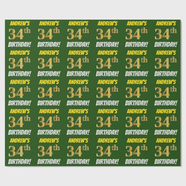 Green, Faux/Imitation Gold, "34th BIRTHDAY" Wrapping Paper (Flat)