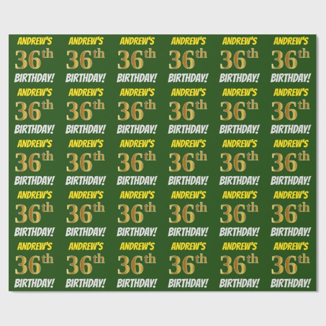 Green, Faux/Imitation Gold, "36th BIRTHDAY" Wrapping Paper (Flat)