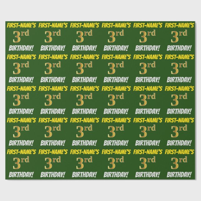 Green, Faux/Imitation Gold, "3rd BIRTHDAY" Wrapping Paper (Flat)