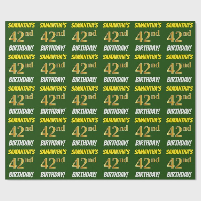Green, Faux/Imitation Gold, "42nd BIRTHDAY" Wrapping Paper (Flat)