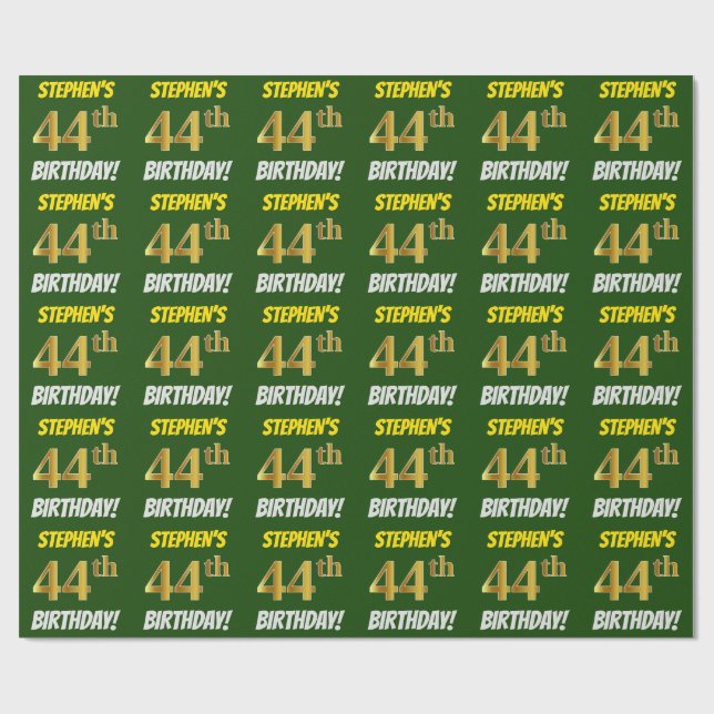 Green, Faux/Imitation Gold, "44th BIRTHDAY" Wrapping Paper (Flat)