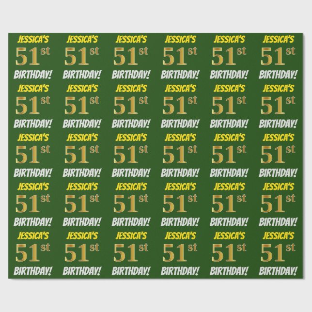 Green, Faux/Imitation Gold, "51st BIRTHDAY" Wrapping Paper (Flat)