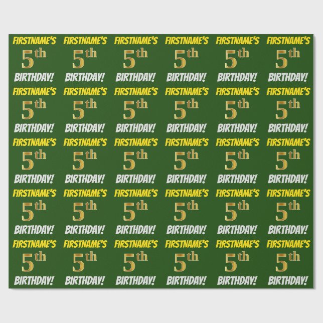 Green, Faux/Imitation Gold, "5th BIRTHDAY" Wrapping Paper (Flat)