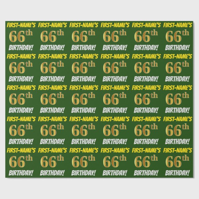 Green, Faux/Imitation Gold, "66th BIRTHDAY" Wrapping Paper (Flat)