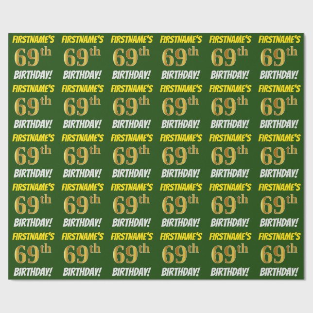 Green, Faux/Imitation Gold, "69th BIRTHDAY" Wrapping Paper (Flat)