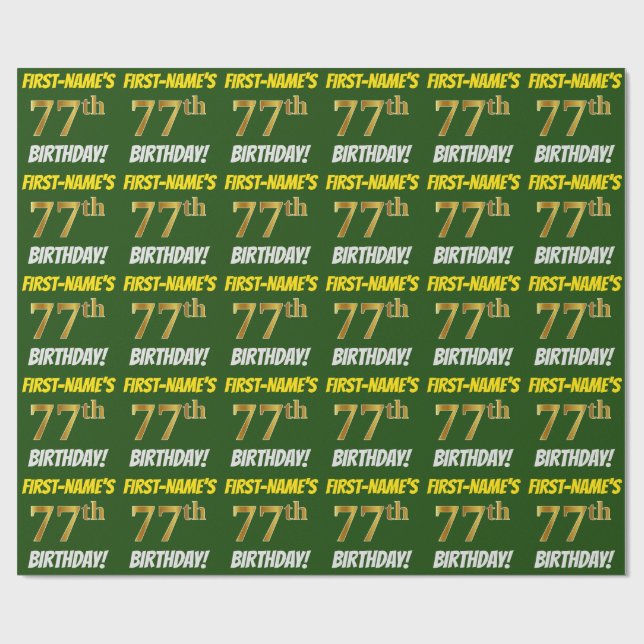 Green, Faux/Imitation Gold, "77th BIRTHDAY" Wrapping Paper (Flat)