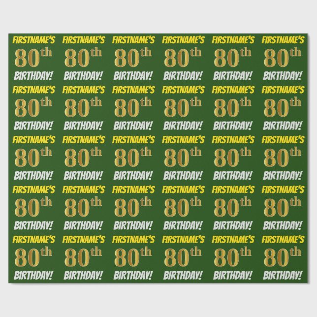 Green, Faux/Imitation Gold, "80th BIRTHDAY" Wrapping Paper (Flat)
