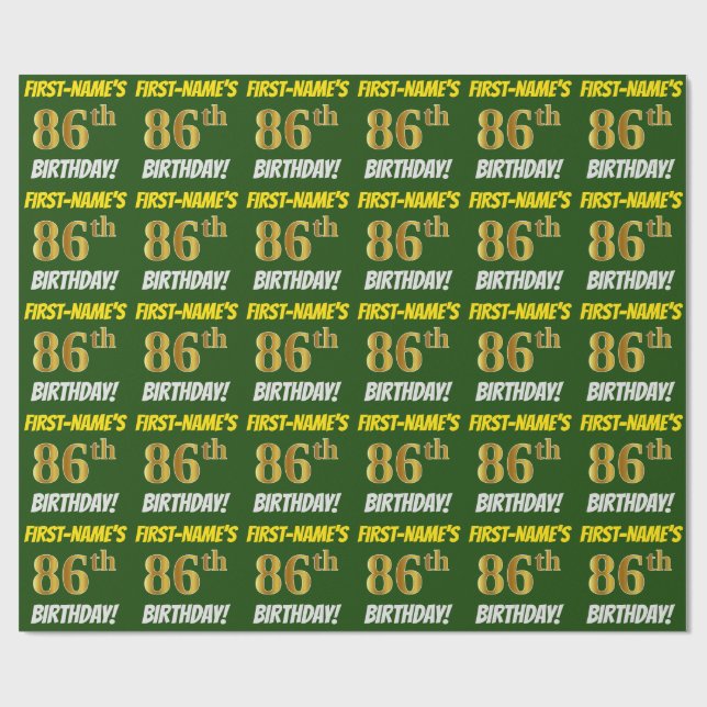 Green, Faux/Imitation Gold, "86th BIRTHDAY" Wrapping Paper (Flat)