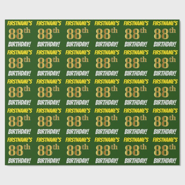 Green, Faux/Imitation Gold, "88th BIRTHDAY" Wrapping Paper (Flat)
