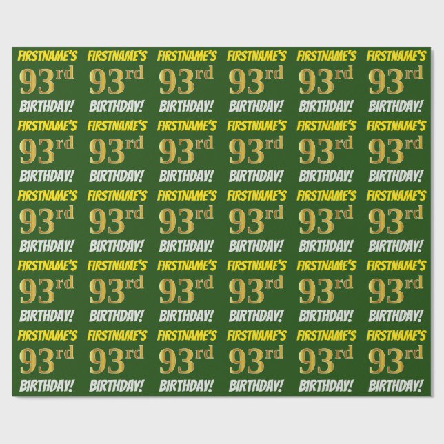 Green, Faux/Imitation Gold, "93rd BIRTHDAY" Wrapping Paper (Flat)
