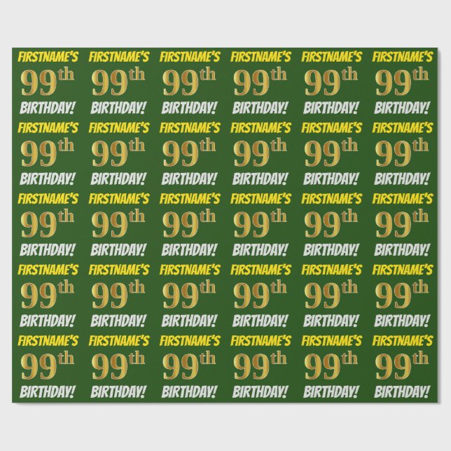 Green, Faux/Imitation Gold, "99th BIRTHDAY" Wrapping Paper (Flat)