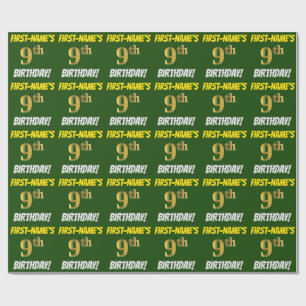 Green, Faux/Imitation Gold, "9th BIRTHDAY" Wrapping Paper