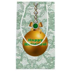Green Faux Lace Gold Ball Ornament Jewel Small Gift Bag