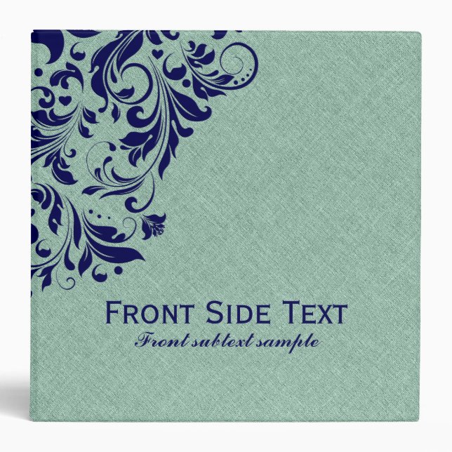 Green Faux Linen Burlap Blue Floral Swirls Binder (Front)