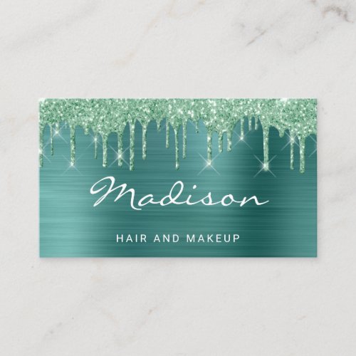 Green Faux Metal Glitter Drip Hair  Makeup Business Card