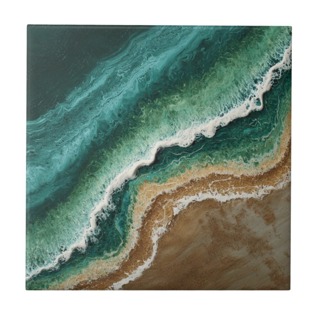 Green Faux Resin Waves Coastal Beach Ceramic Tile (Front)