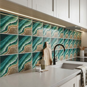 Green Faux Resin Waves Coastal Beach Ceramic Tile