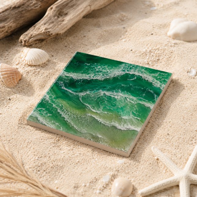 Green Faux Resin Waves Coastal  Ceramic Tile (Creator Uploaded)