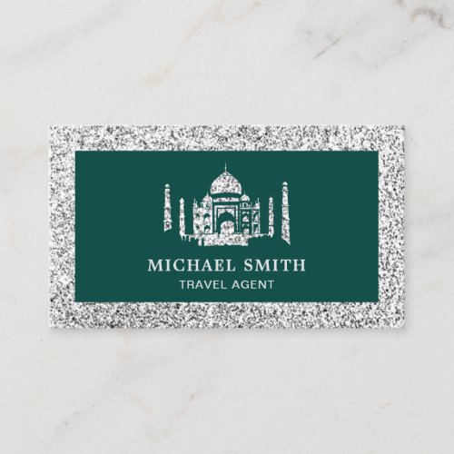 Green Faux Silver Glitter Taj Mahal Travel Agent Business Card