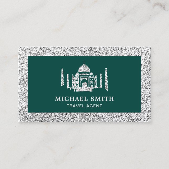 Green Faux Silver Glitter Taj Mahal Travel Agent Business Card (Front)