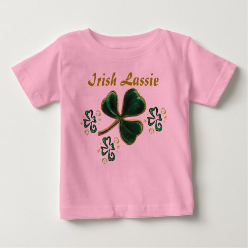Green Faux Velvet Clover Irish Lassie Baby T_Shirt