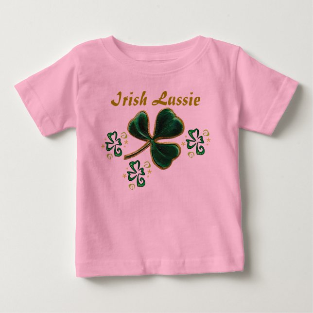 Green Faux Velvet Clover Irish Lassie Baby T-Shirt (Front)