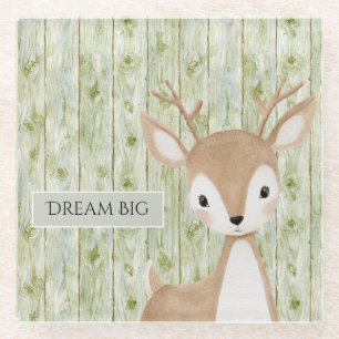 Green Faux Wood Cute Deer Glass Coaster