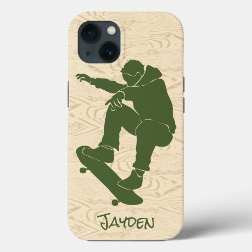Green Faux Woodgrain Skateboarder iPhone 13 Case