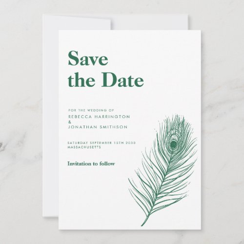 Green Feather Minimal Wedding Save The Date Invitation
