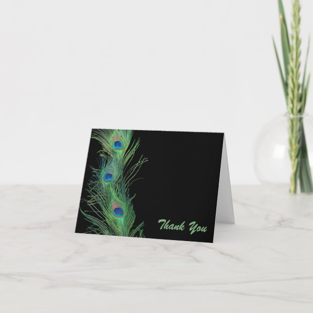 Green Feathers with Black Wedding Thank You Card (Front)