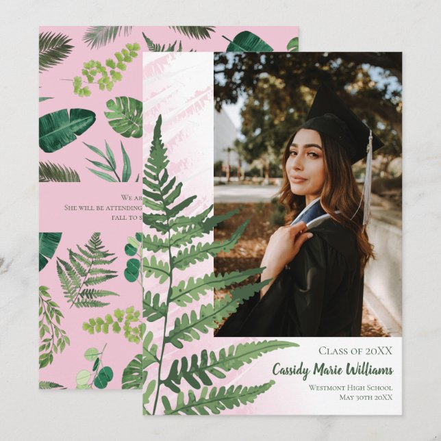 Green Fern Elegant Pink Graduation Announcement (Front/Back)