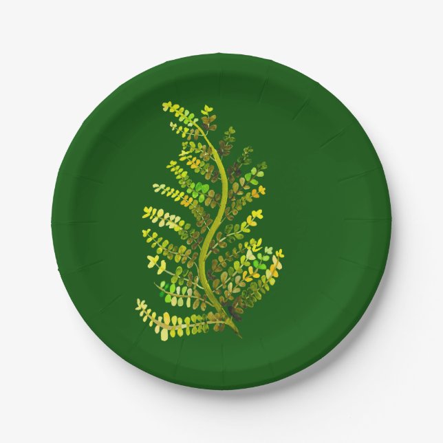 Green fern leaf plant art paper plates (Front)