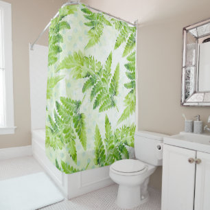 Green Fern Leaves Modern Botanical Watercolor Shower Curtain