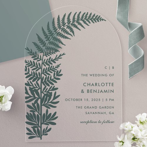 Green Fern Modern Minimalist Arch Wedding Acrylic Invitations