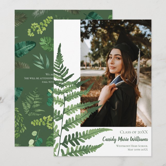 Green Fern Plants on White Graduation Announcement (Front/Back)