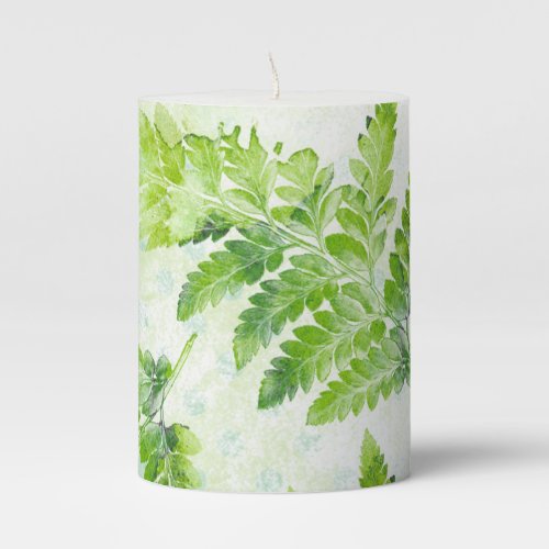 Green Fern Spring Summer Leaves Watercolor Pillar Candle