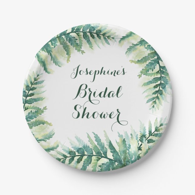 Green Fern Watercolor Bridal Shower Paper Plates (Front)