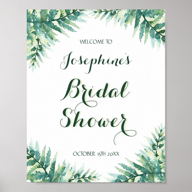 Green Fern Watercolor Bridal Shower Poster (Front)