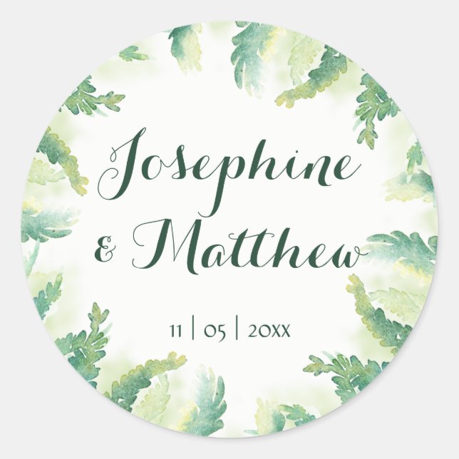 Green Fern Watercolor Personalized Wedding Classic Round Sticker (Front)