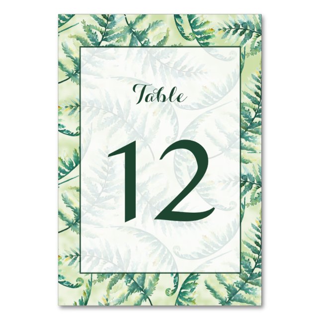 Green Fern Watercolor Table Number Cards (Front)