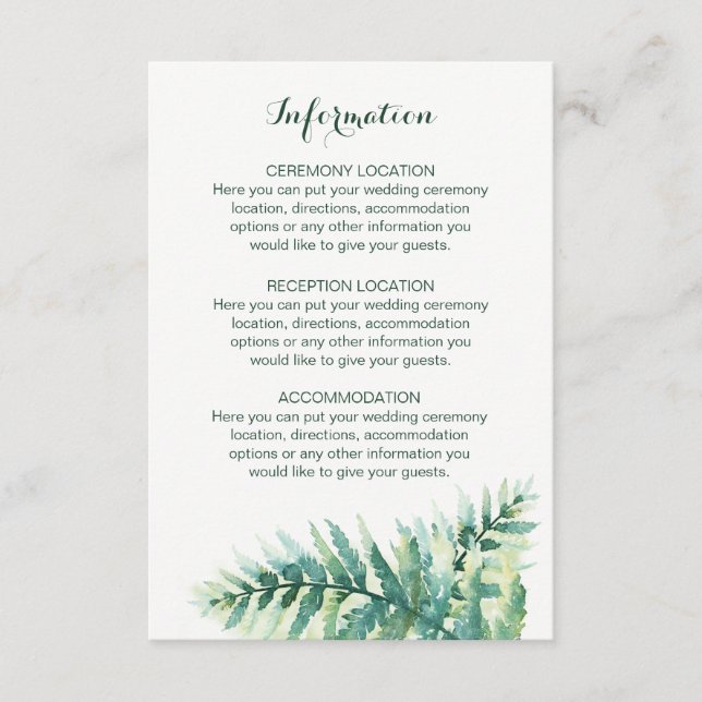 Green Fern Watercolor Wedding Information Cards (Front)