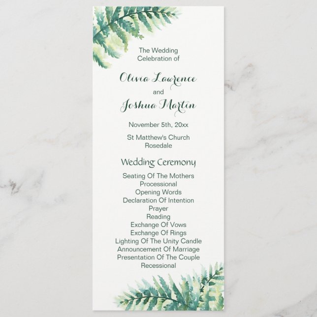 Green Fern Watercolor Wedding Programs (Front)