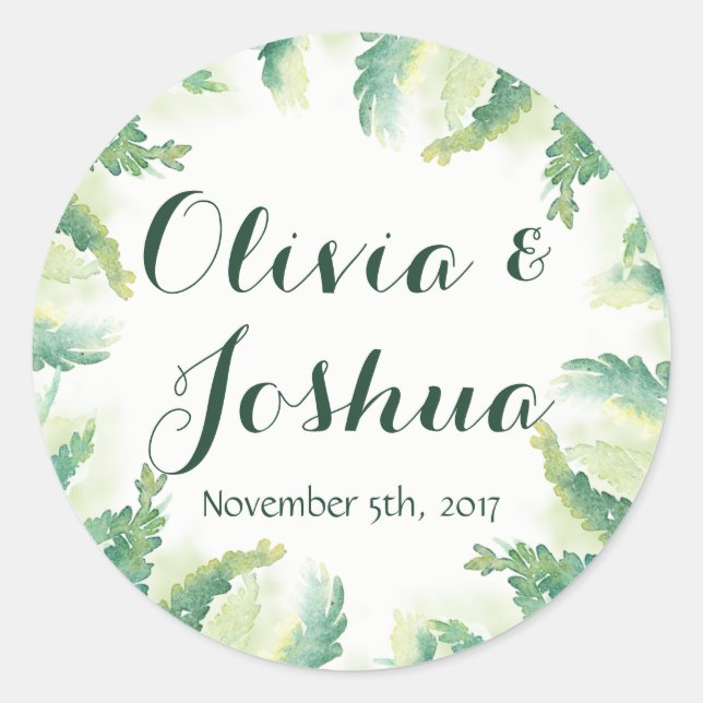 Green Fern Watercolor Wedding Stickers (Front)