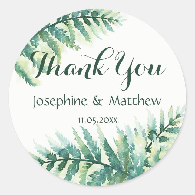 Green Fern Watercolor Wedding Thank You Classic Round Sticker (Front)