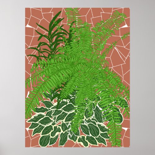 Green Ferns and Hostas on terracotta mosaic Poster